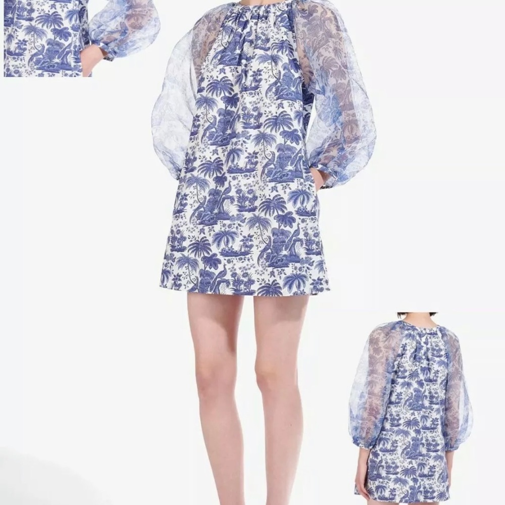 STAUD Tropical Garden Organza Shift Dress In China Blue Toile Like New Size LG